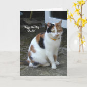 Carte Chat Calico personnalisé assis en dehors de l'Anni (Fleur jaune)