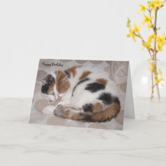 Carte Chat Calico personnalisé enroulé dans le sommeil A (Fleur jaune)