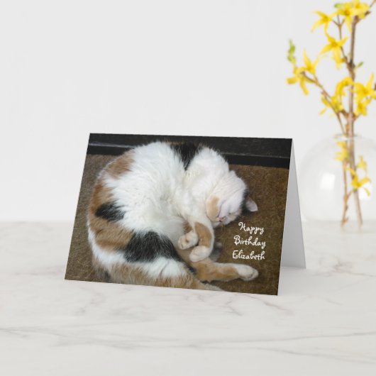 Carte Chat Calico personnalisé enroulé dans le sommeil A (Fleur jaune)