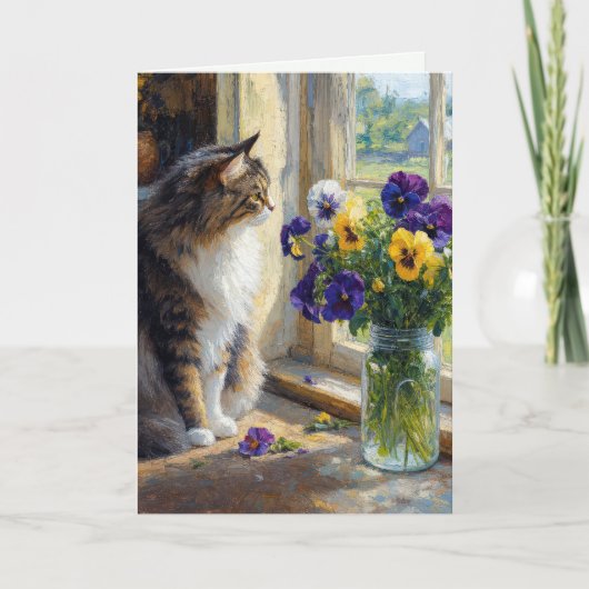 Carte Chat calicot avec bouquet de pensées (Devant)
