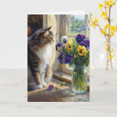 Carte Chat calicot avec bouquet de pensées (Fleur jaune)