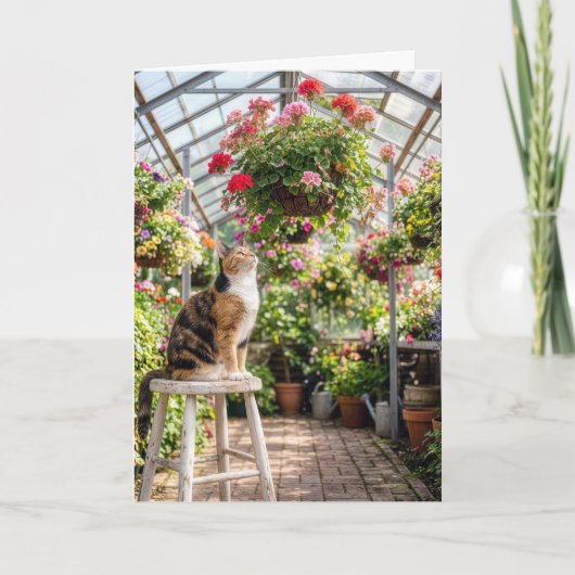 Carte Chat calicot d'anniversaire sur un tabouret de ser (Devant)