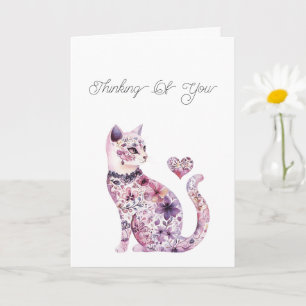 Carte Chat cœur floral blush rose violet Pensant à toi