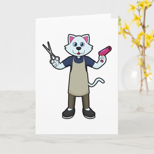 Carte Chat coiffeur avec ciseaux & sèche-cheveux (Fleur jaune)