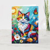 Carte Chat Coloré, Fleurs & Papillon Anniversaire (Devant)