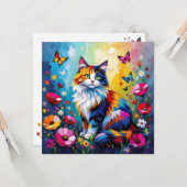 Carte Chat coloré Impasto, Fleurs et Papillons (Devant/Arrière en situation)