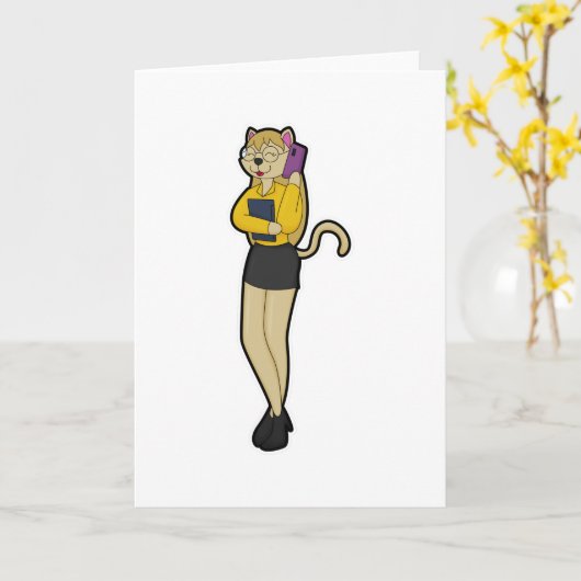 Carte Chat comme secrétaire avec ordinateur portable et  (Fleur jaune)