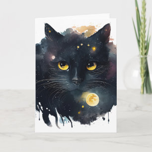 Carte Chat cosmique d'aquarelle noire aux yeux jaunes