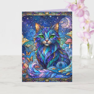 Carte Chat Cosmique Vitrail Surréaliste Yeux Bleus Verts