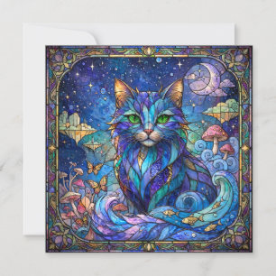 Carte Chat Cosmique Vitrail Surréaliste Yeux Bleus Verts