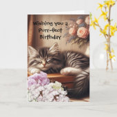 Carte Chat couché Anniversaire (Fleur jaune)