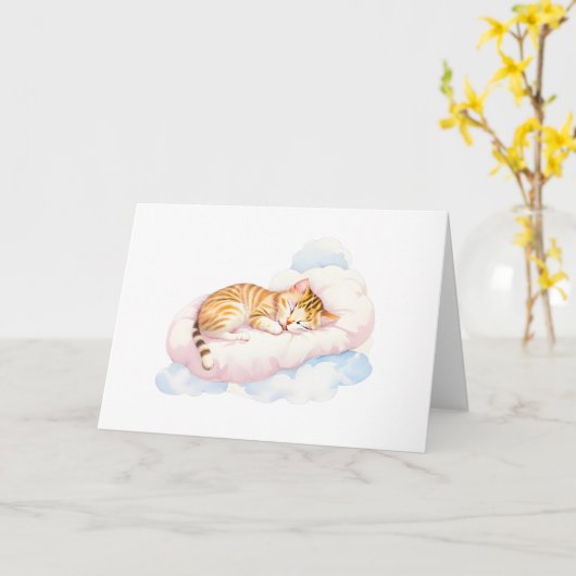 Carte Chat couché sur des nuages fluides Vide Salutation (Fleur jaune)