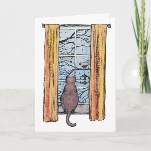 Carte Chat curieux, ambiance hivernale et joyeux anniver