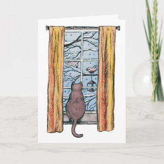 Carte Chat curieux, ambiance hivernale et joyeux anniver