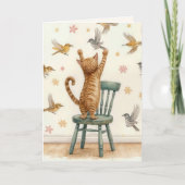Carte Chat d'anniversaire attraper un oiseau sur papier (Devant)