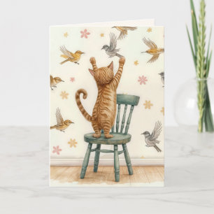 Carte Chat d'anniversaire attraper un oiseau sur papier 