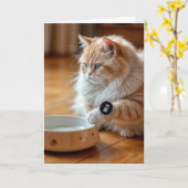 Carte Chat D'Anniversaire Avec Bol De Nourriture Vide Et (Fleur jaune)
