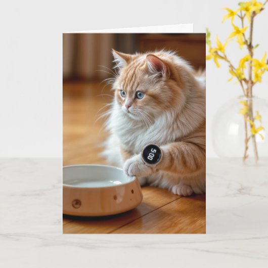 Carte Chat D'Anniversaire Avec Bol De Nourriture Vide Et (Fleur jaune)