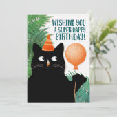 Carte Chat d'anniversaire avec casquette de fête et ball (Debout devant)