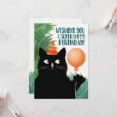 Carte Chat d'anniversaire avec casquette de fête et ball (Devant/Arrière en situation)