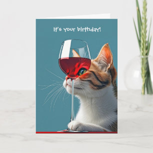 Carte Chat d'anniversaire avec verre de vin rouge