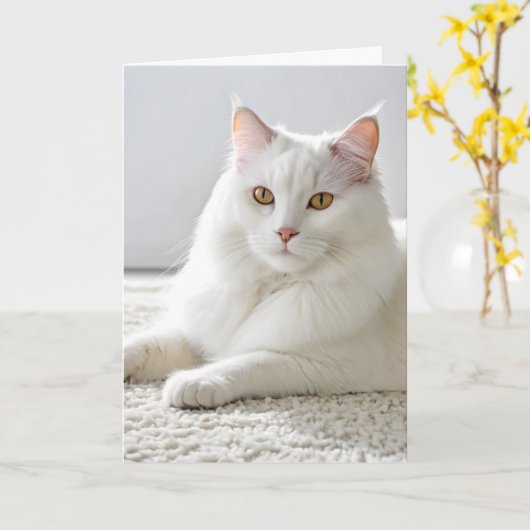 Carte Chat d'Anniversaire Blanc Sur Tapis Blanc (Fleur jaune)