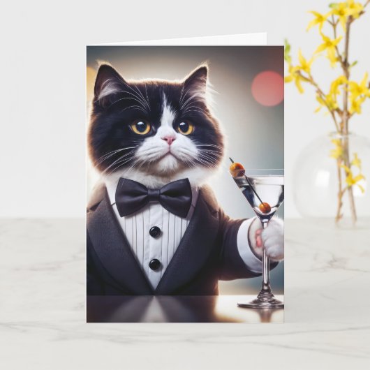 Carte Chat D'Anniversaire De Tuxedo Avec Cocktail Martin (Fleur jaune)