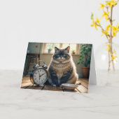 Carte Chat d'anniversaire en attente d'un bol de nourrit (Fleur jaune)
