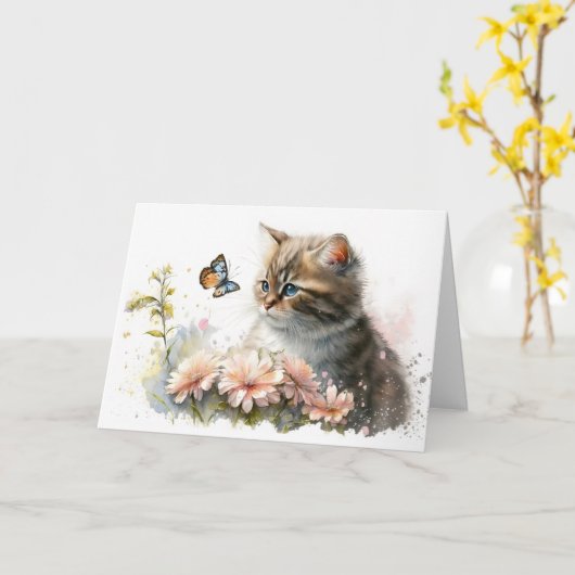 Carte Chat d'anniversaire et papillon (Fleur jaune)
