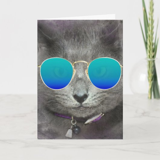 Carte Chat d'anniversaire gris avec lunettes de soleil (Devant)