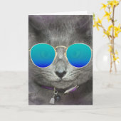 Carte Chat d'anniversaire gris avec lunettes de soleil (Fleur jaune)