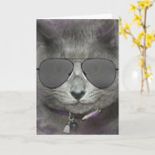 Carte Chat d'anniversaire gris avec lunettes de soleil A (Fleur jaune)