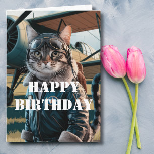 Carte Chat d'anniversaire Pilote Avion Cool Drôle Aviati