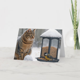 Carte Chat d'anniversaire regardant un oiseau sur une ma