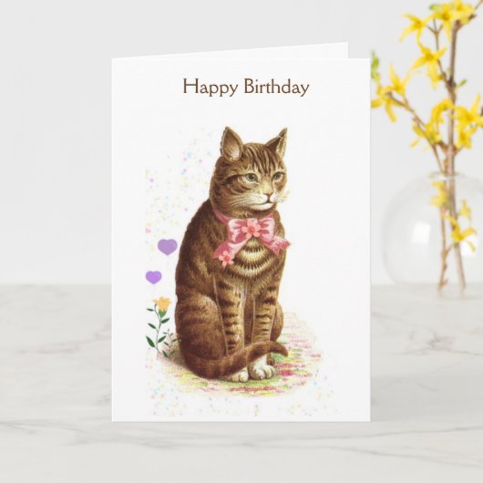 Carte Chat d'Anniversaire vintage (Message intérieur), (Fleur jaune)