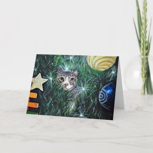 Carte Chat dans la peinture de l'arbre de Noël (Devant)