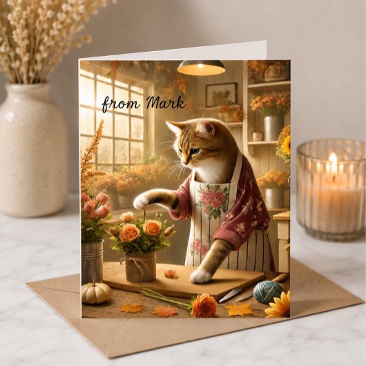 Carte Chat d'automne avec des fleurs – Salutation de la