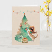Carte Chat de Bengale décorant un sapin de Noël (Fleur jaune)