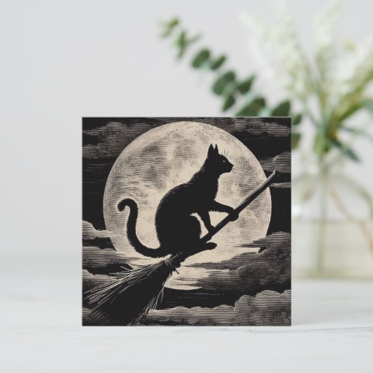 Carte Chat de cuisine sur Broomstick avec Pleine lune Vi (Debout devant)