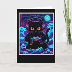 Carte Chat de gamer drôle néon cyber nuit de jeu art rét
