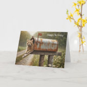 Carte Chat de gingembre d'anniversaire dans une boîte au (Fleur jaune)