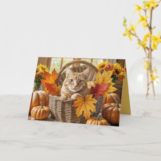 Carte Chat de gingembre en Panier d'automne Anniversaire (Fleur jaune)