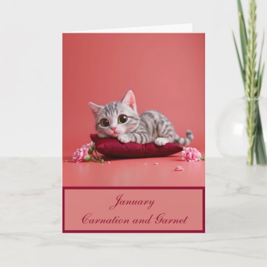 Carte Chat de janvier mignon avec oeillets (Devant)