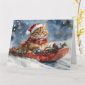Carte Chat de Maine Coon en sledge Laisser neiger Noël (Fleur jaune)