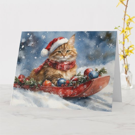 Carte Chat de Maine Coon en sledge Laisser neiger Noël (Fleur jaune)