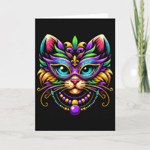 Carte Chat de Mardi Gras portant un masque Chapeau de bo