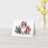 Carte Chat de Noël aquarelle avec cadeau (Fleur jaune)