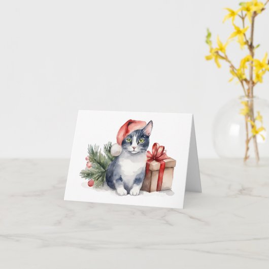 Carte Chat de Noël aquarelle avec cadeau (Fleur jaune)