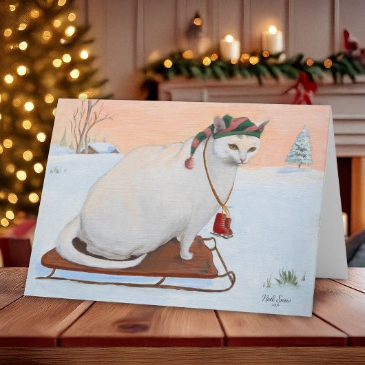 Carte Chat de Noël blanc en neige