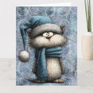 Carte Chat de Noël bleu d'hiver avec chapeau et écharpe